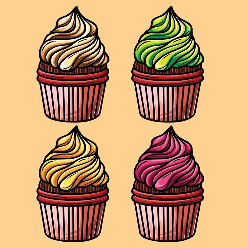 Imagem vetorial de cupcakes cremosos com alimentos doces com diferentes sabores vetor