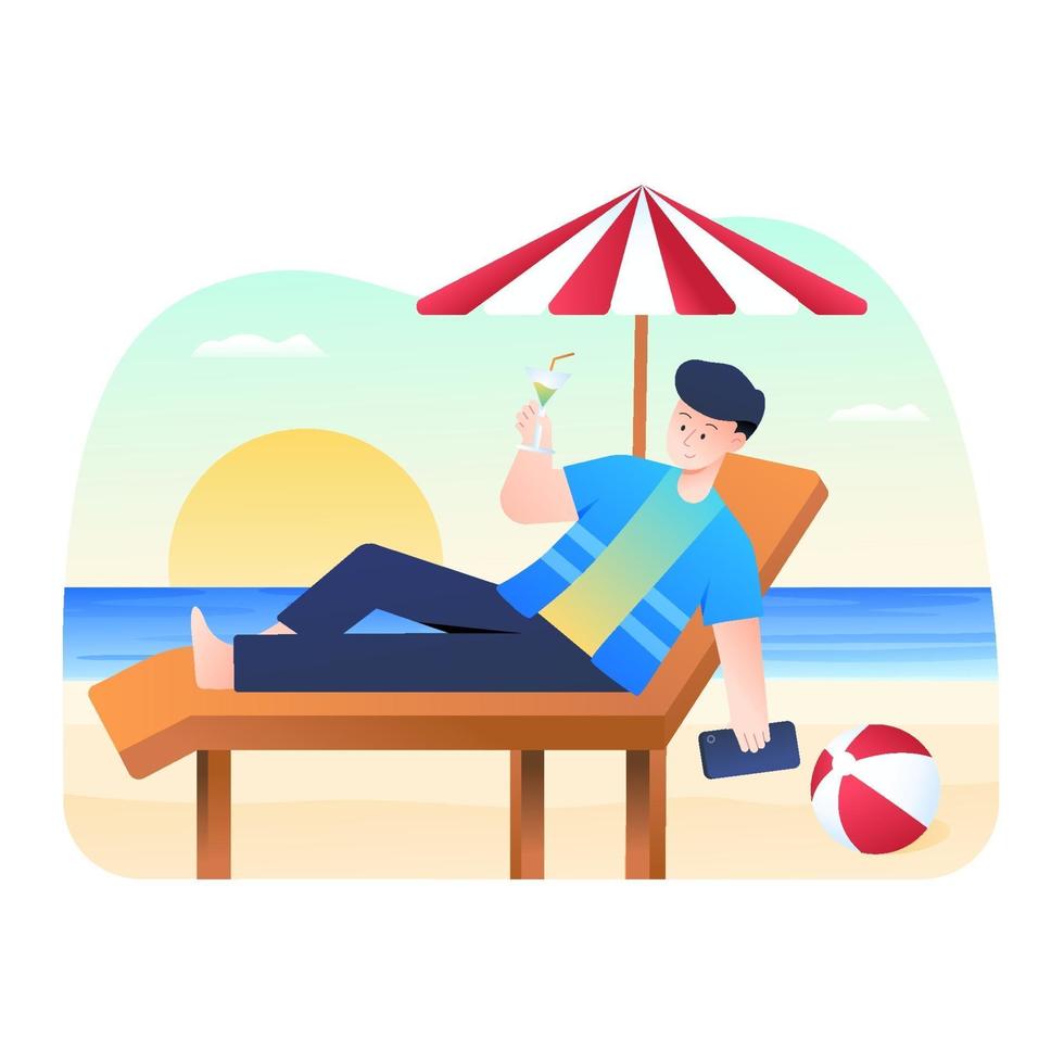 homem relaxando na praia e bebendo suco vetor