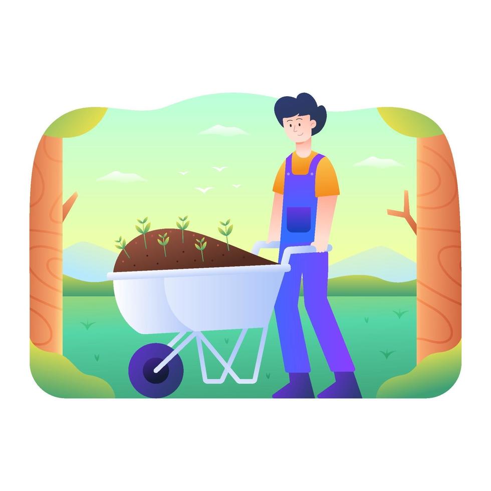 homem traz fertilizantes e plantas com carrinho de areia vetor