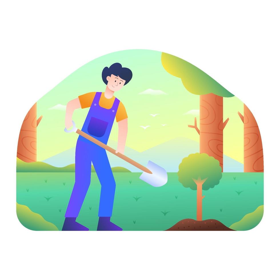 homem plantando uma semente de árvore com uma pá vetor