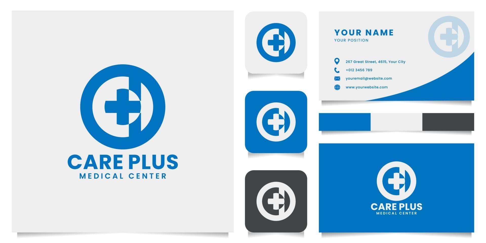 logotipo simples e minimalista do emblema da cruz médica com modelo de cartão de visita vetor