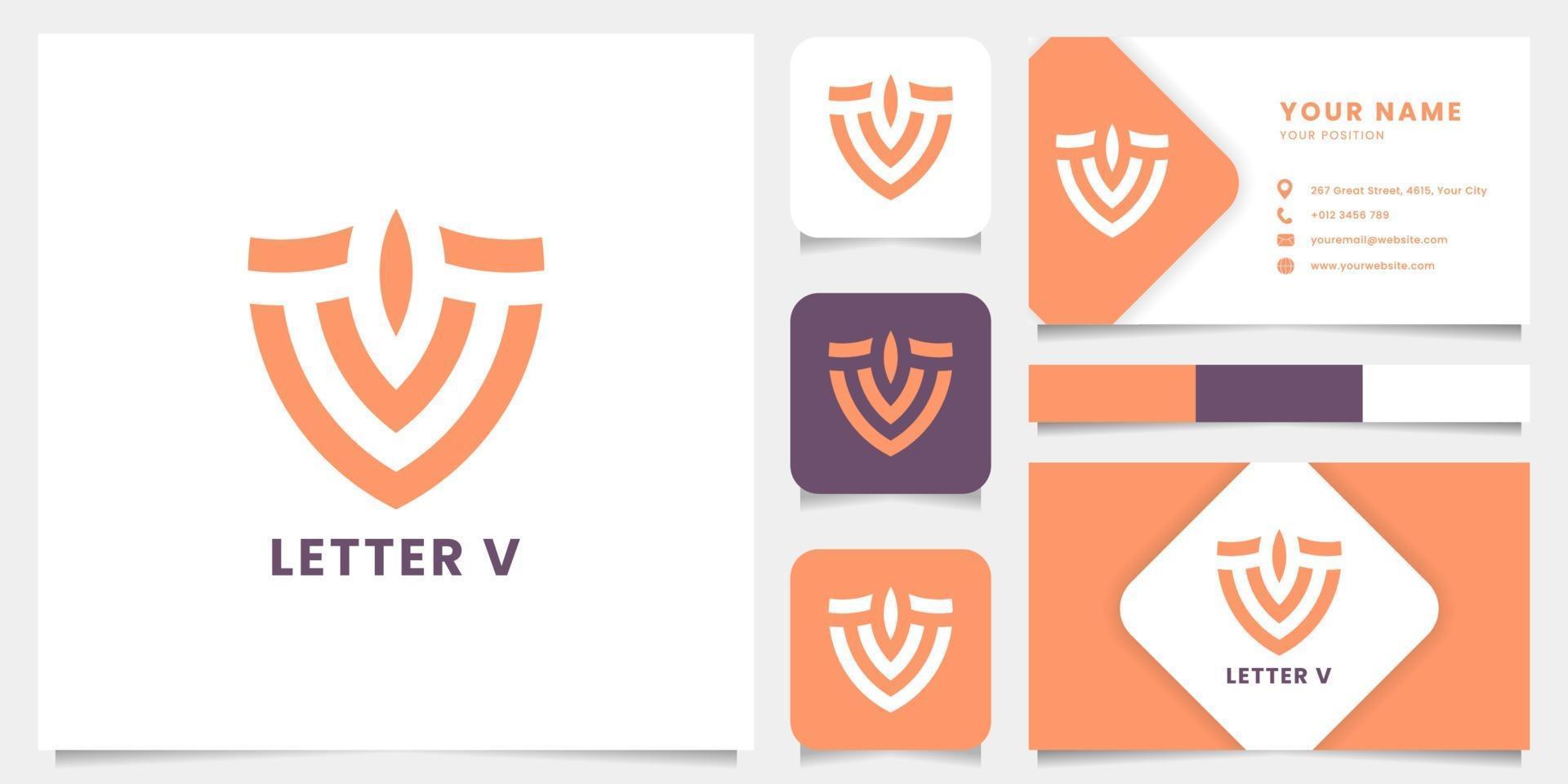 Logotipo da letra V de escudo simples e minimalista com modelo de cartão de visita vetor