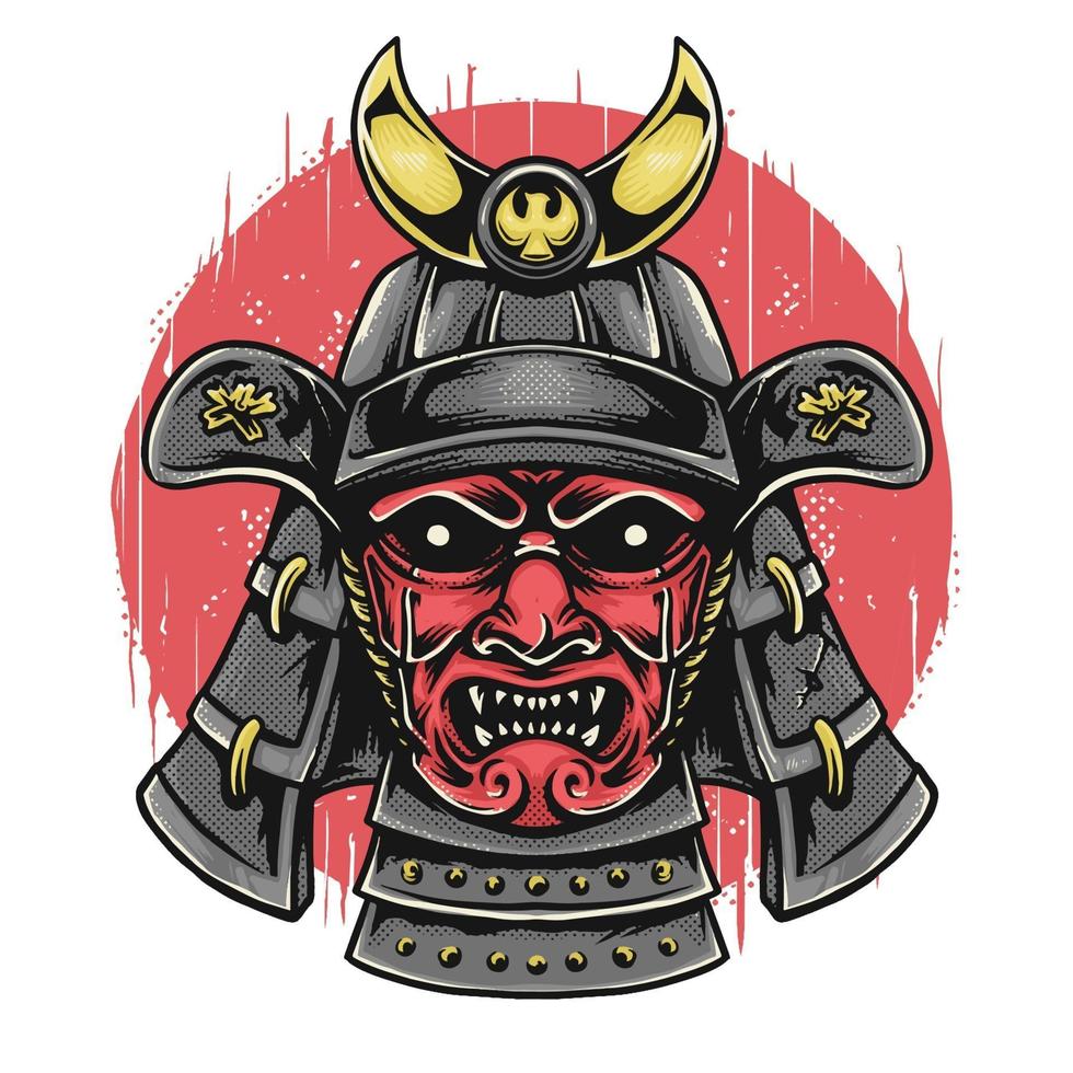 cabeça de samurai com máscara oni vetor