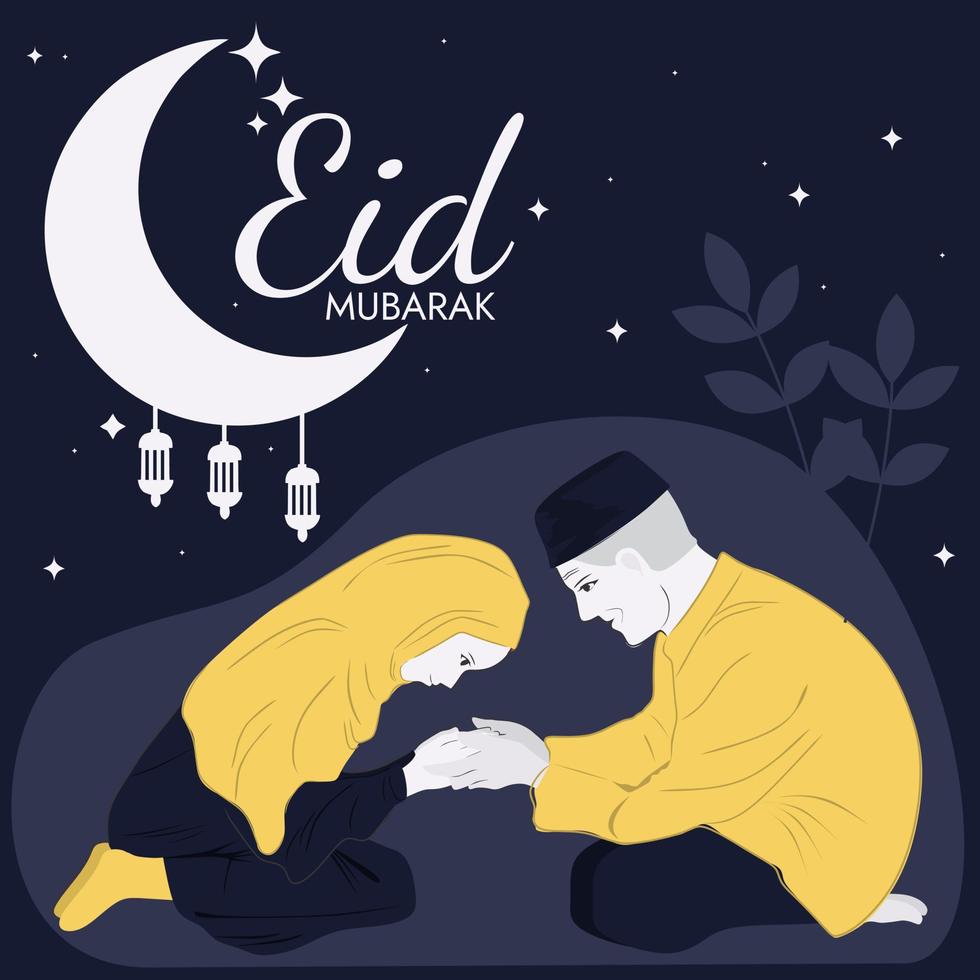 eid Mubarak social meios de comunicação postar ilustração. plano Projeto velho homem e mulher dentro hijab tremendo mãos. noite fundo vetor