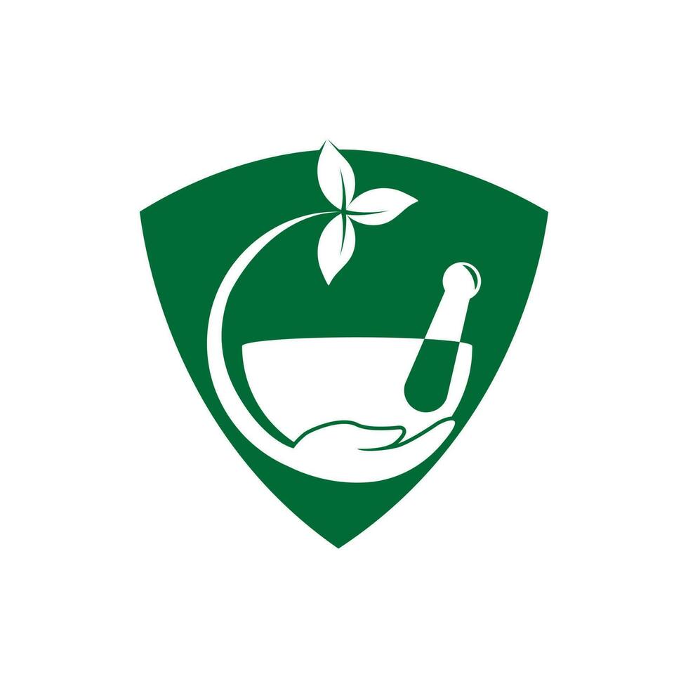 design de logotipo médico de farmácia. logotipo natural do almofariz e do pilão, design do vetor do ícone do símbolo da ilustração da erva da medicina.