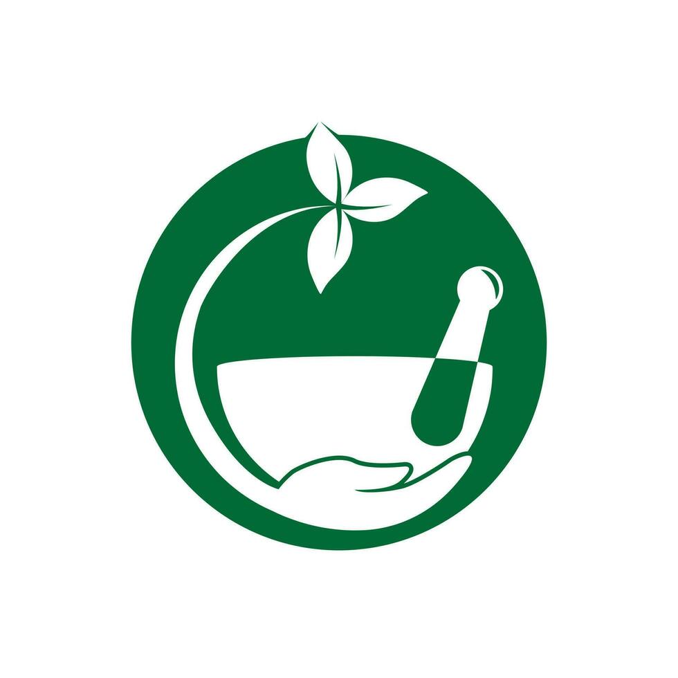 design de logotipo médico de farmácia. logotipo natural do almofariz e do pilão, design do vetor do ícone do símbolo da ilustração da erva da medicina.