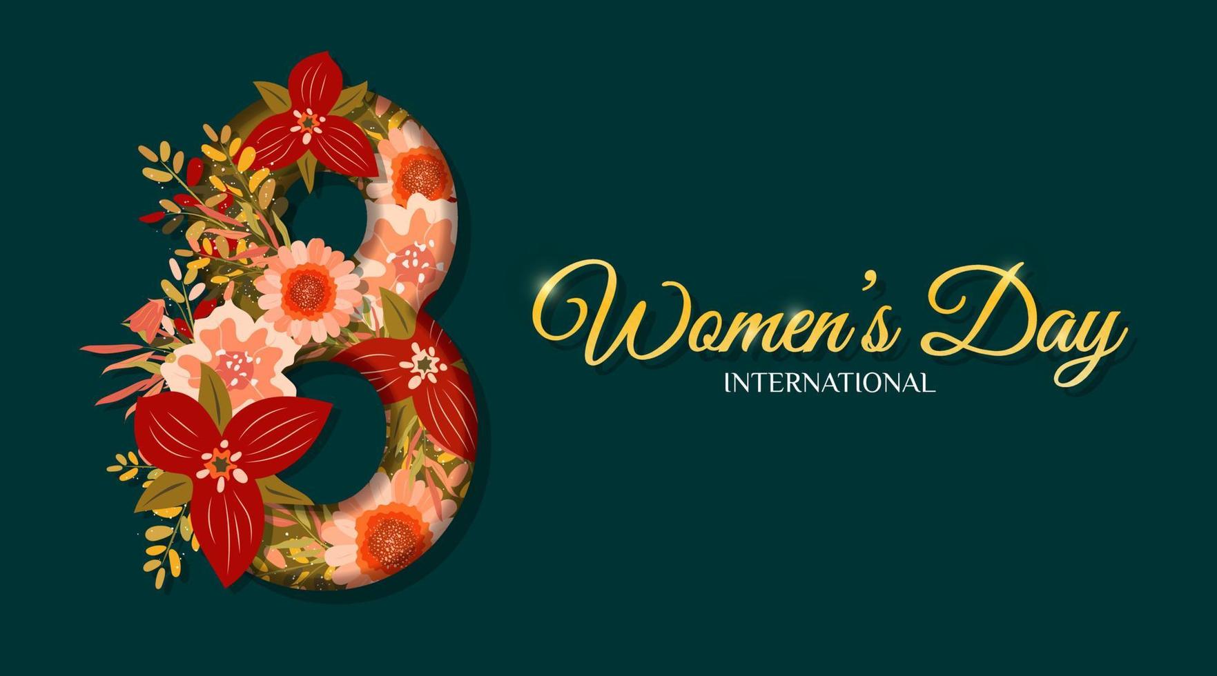 bandeira para internacional mulheres dia. folheto para marcha 8 com flores decoração. número 8 convites com Primavera plantas, folhas e flores vetor
