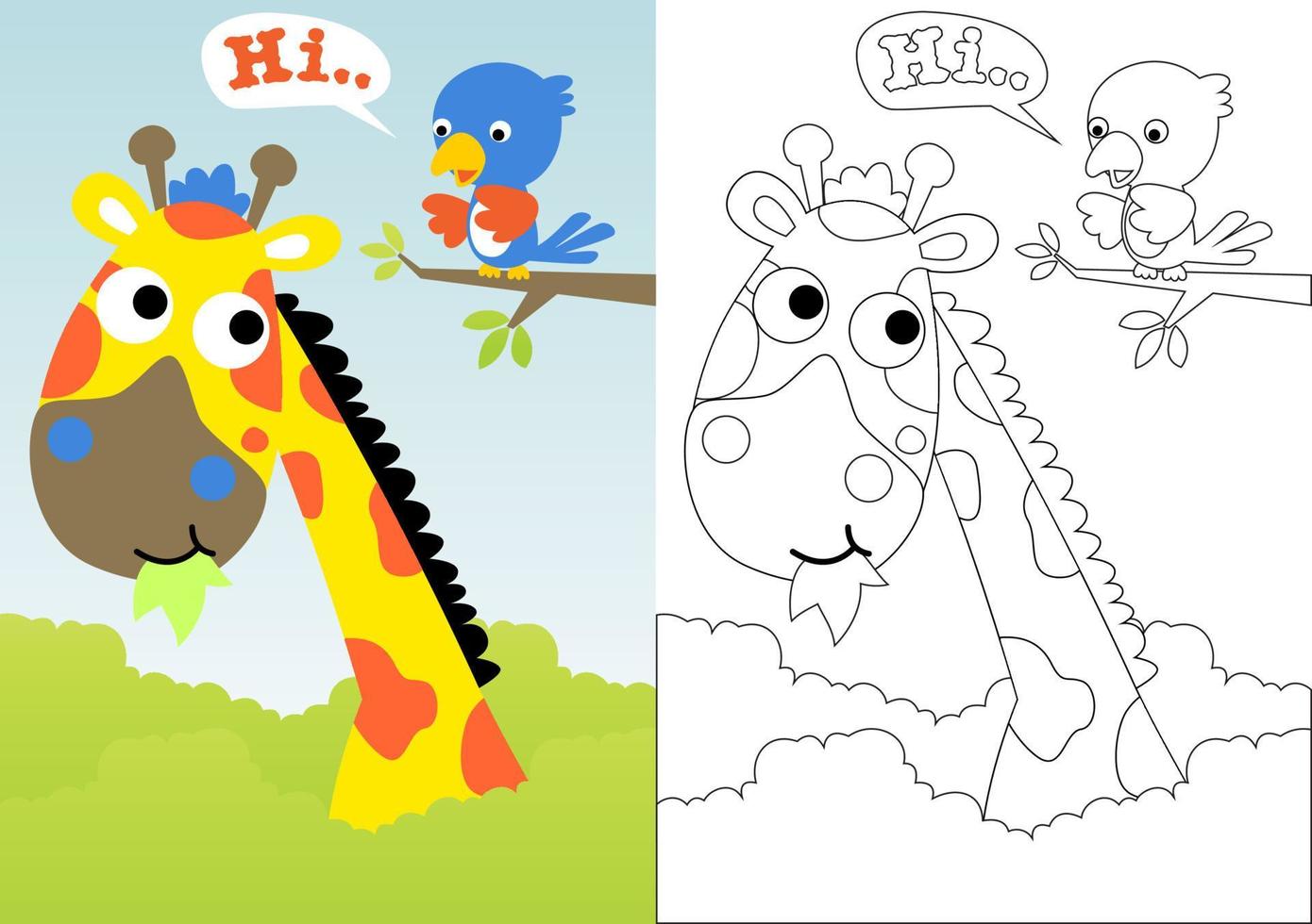 fofa girafa comendo folha, pássaro empoleirar-se em árvore galhos, vetor desenho animado, coloração livro ou página