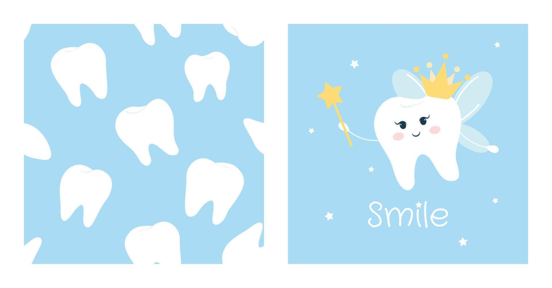 fofa vetor ilustração e desatado padronizar com branco sorridente dente fada isolado em azul fundo.
