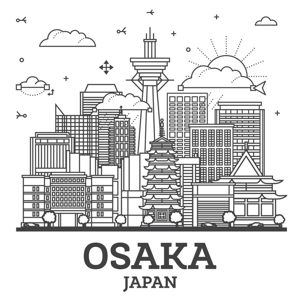 esboço Osaka Japão cidade Horizonte com moderno edifícios isolado em branco. Osaka paisagem urbana com pontos de referência. vetor