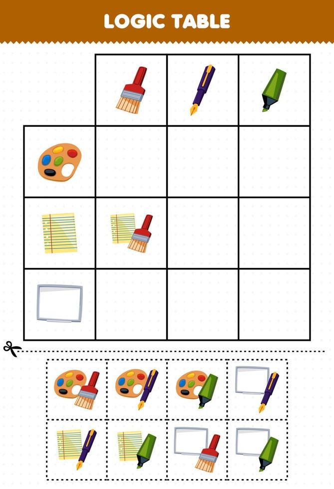 Educação jogos para crianças lógica mesa desenho animado escova caneta e marcador Combine com corrigir paleta papel ou quadro branco imprimível ferramenta planilha vetor