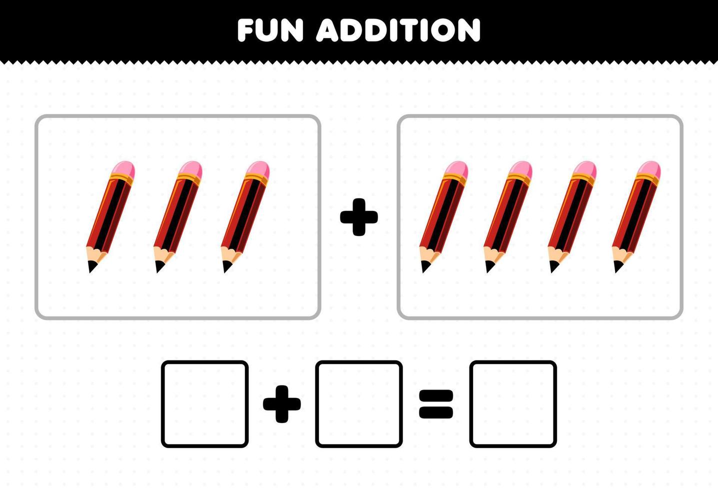 Educação jogos para crianças Diversão Adição de contando fofa desenho animado lápis As fotos imprimível ferramenta planilha vetor