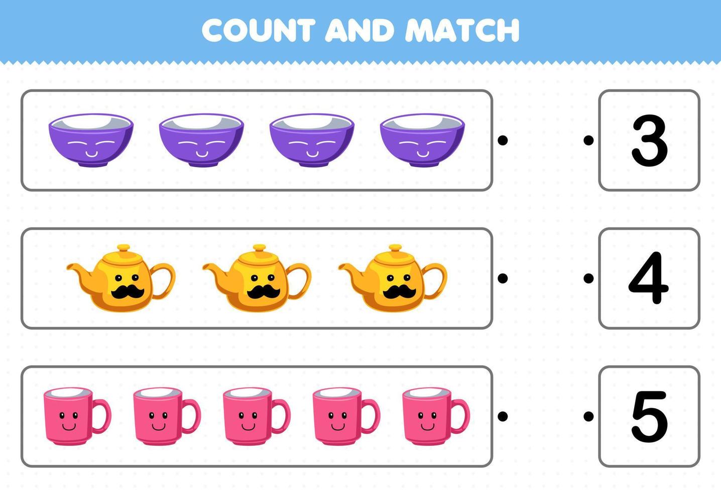 Educação jogos para crianças contagem a número do fofa desenho animado tigela chaleira caneca e Combine com a certo números imprimível ferramenta planilha vetor