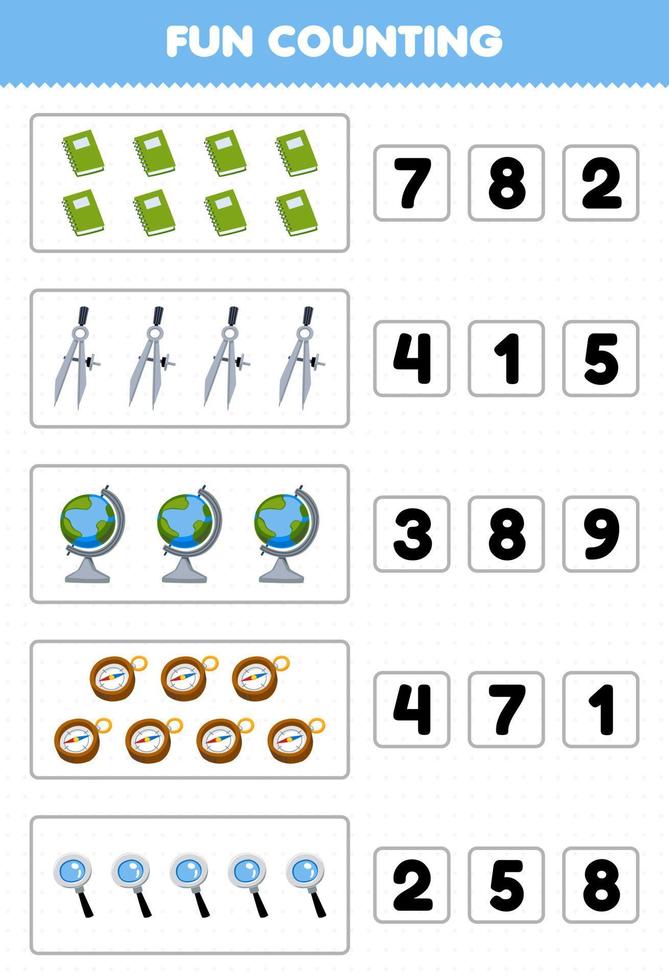 Educação jogos para crianças Diversão contando e escolhendo a corrigir número do fofa desenho animado livro divisor globo bússola lupa imprimível ferramenta planilha vetor