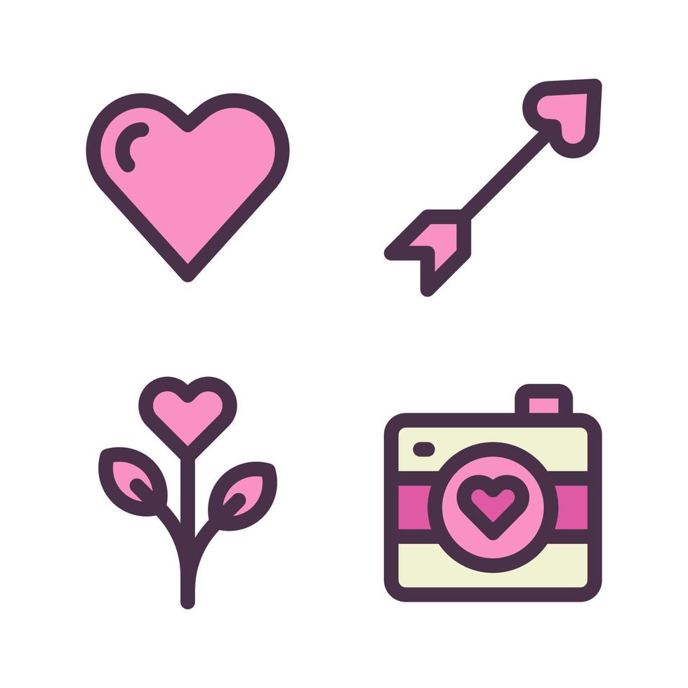 romance ícones definir. amor, seta, flor, Câmera. perfeito para local na rede Internet Móvel aplicativo, aplicativo ícones, apresentação, ilustração e qualquer de outros projetos vetor