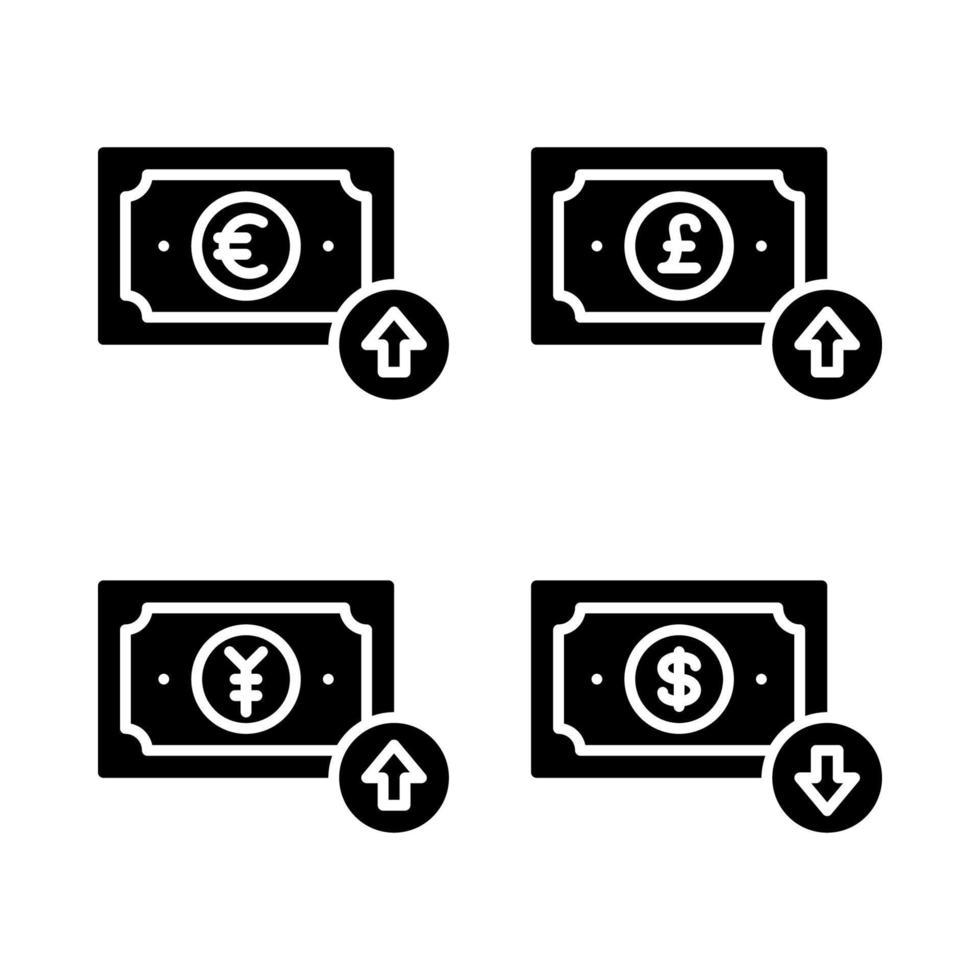 moeda ícones definir. euro, libra, iene aumentar, dólar diminuir. perfeito para local na rede Internet Móvel aplicativo, aplicativo ícones, apresentação, ilustração e qualquer de outros projetos vetor