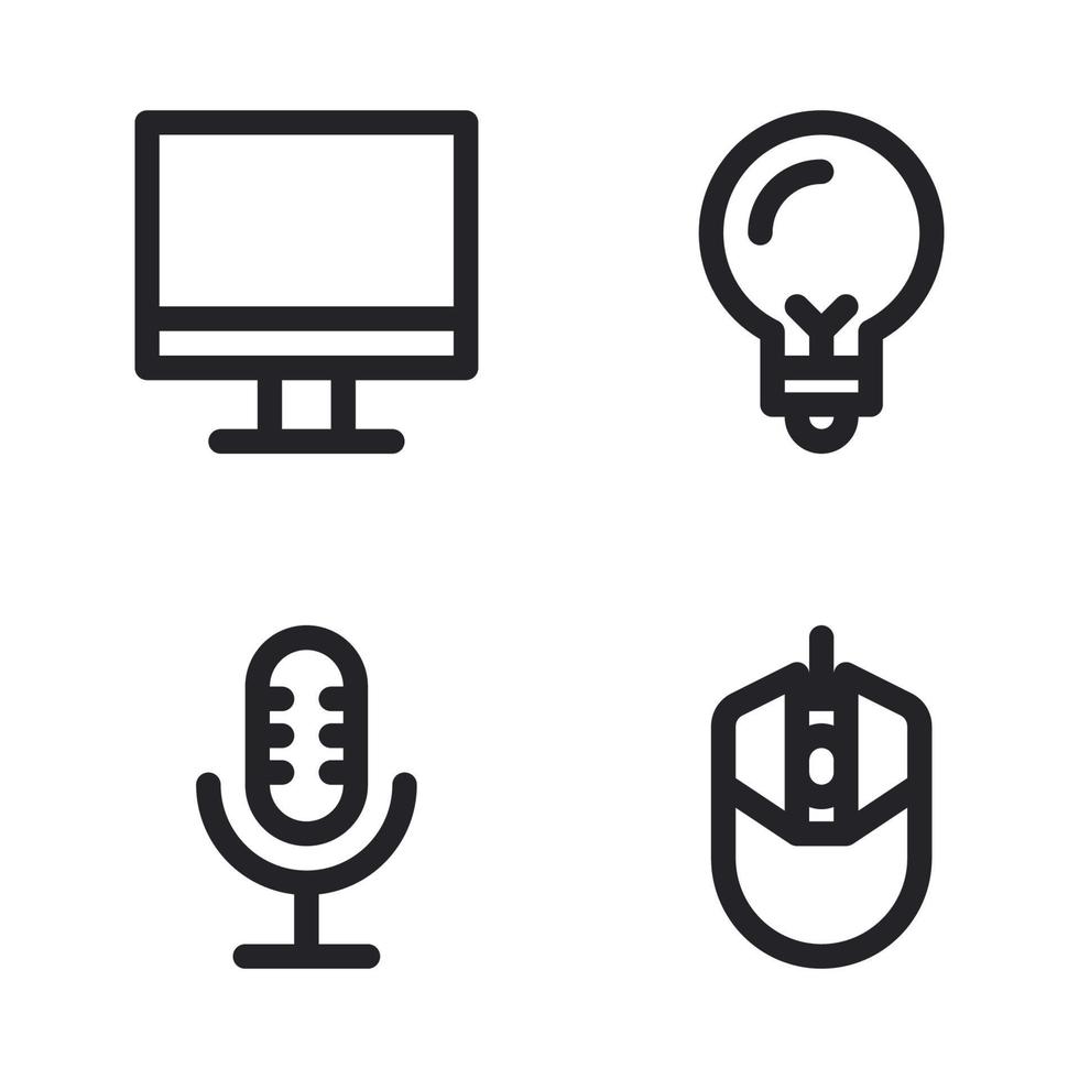 eletrônicos dispositivo ícones definir. monitor, lâmpada, microfone, rato. perfeito para local na rede Internet Móvel aplicativo, aplicativo ícones, apresentação, ilustração e qualquer de outros projetos vetor