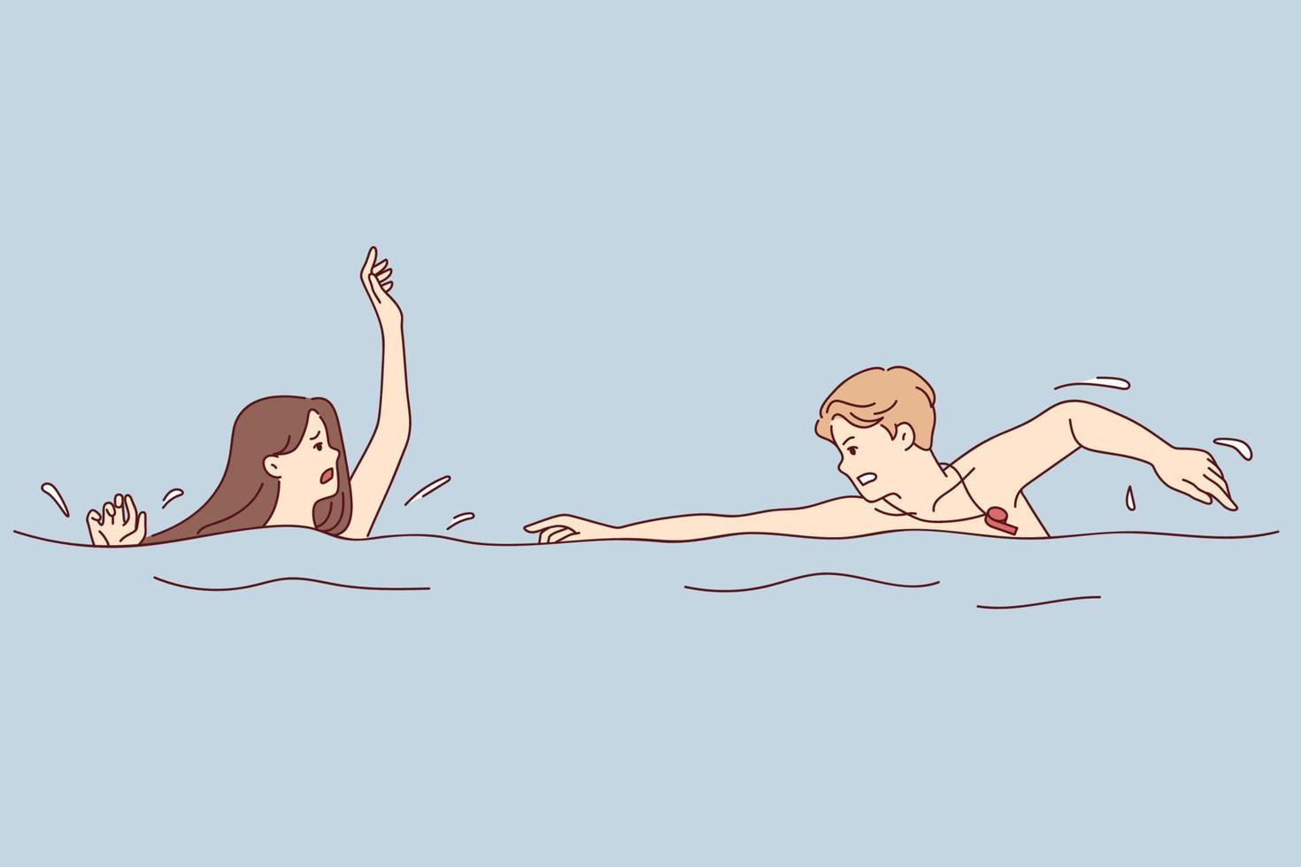 masculino guarda natação para estressado fêmea afundando dentro água. salvador pressa para preocupado fêmea afogamento dentro mar ou piscina. vetor ilustração.