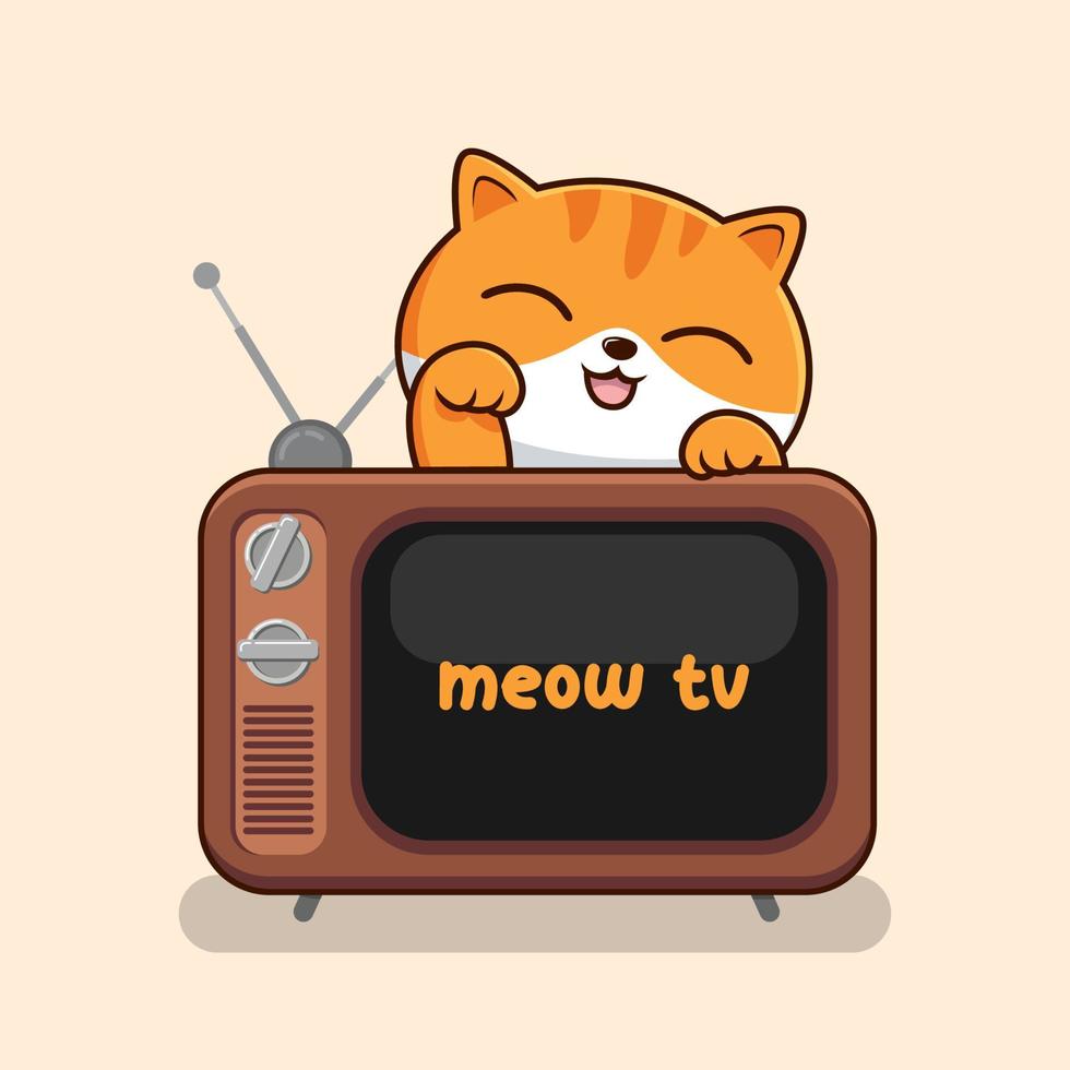 malhado gato com televisão vintage - fofa listrado laranja gato acenando mão acima velho televisão vetor