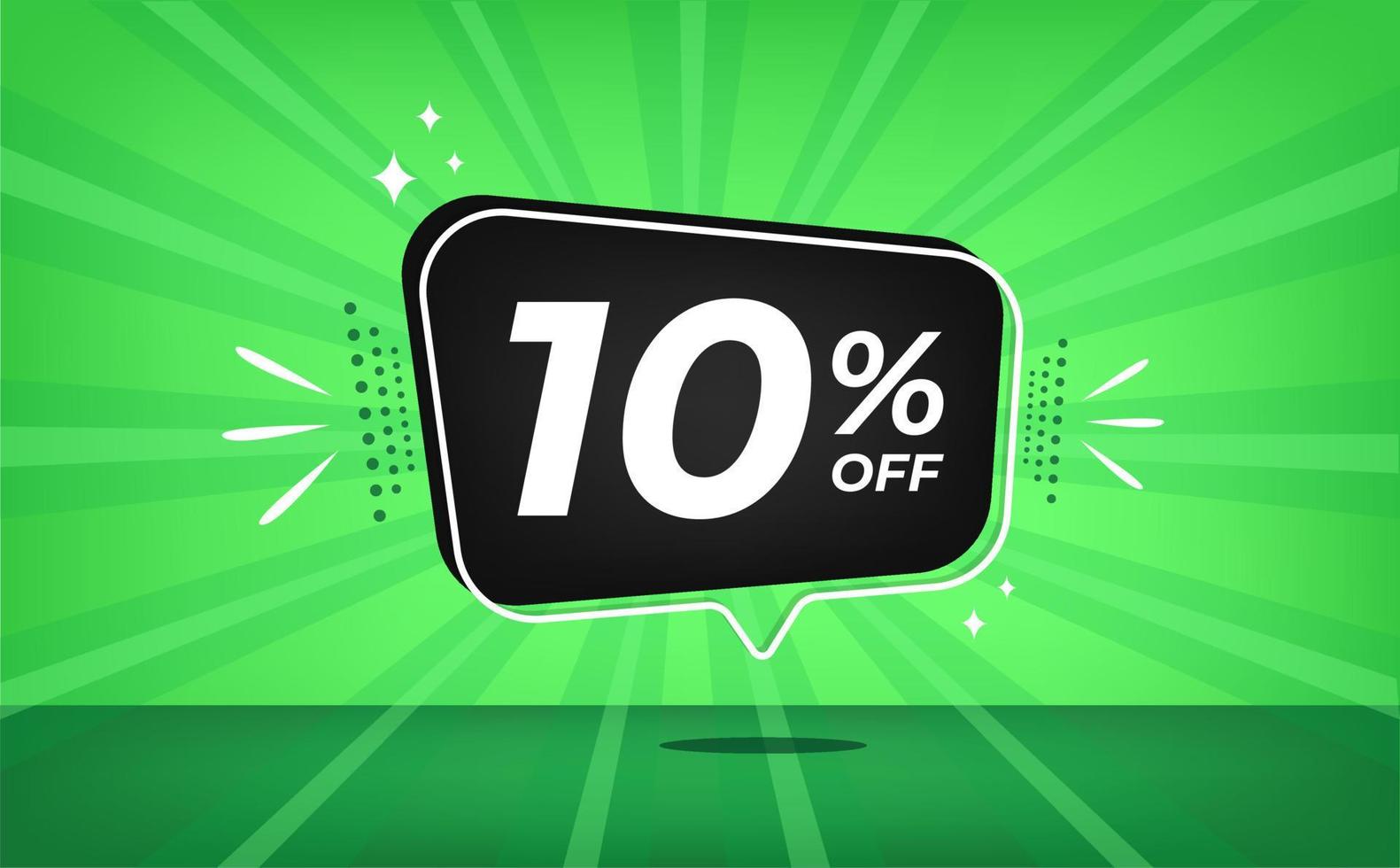 10 por cento desligado. verde bandeira com dez por cento desconto em uma Preto balão para mega grande vendas. vetor