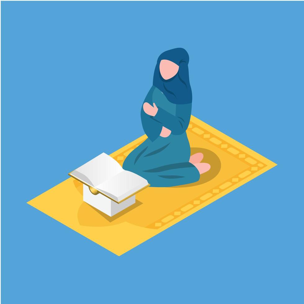 isométrico ler a qur'an dentro a mês do Ramadã que é cheio do bênçãos ilustração dentro azul isolado fundo com pessoas e digital relacionado de ativos vetor