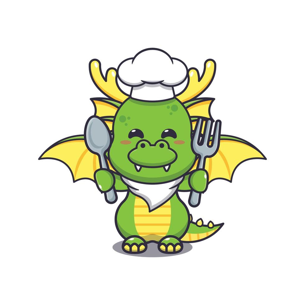 fofa chefe de cozinha Dragão mascote desenho animado personagem segurando colher e garfo. vetor