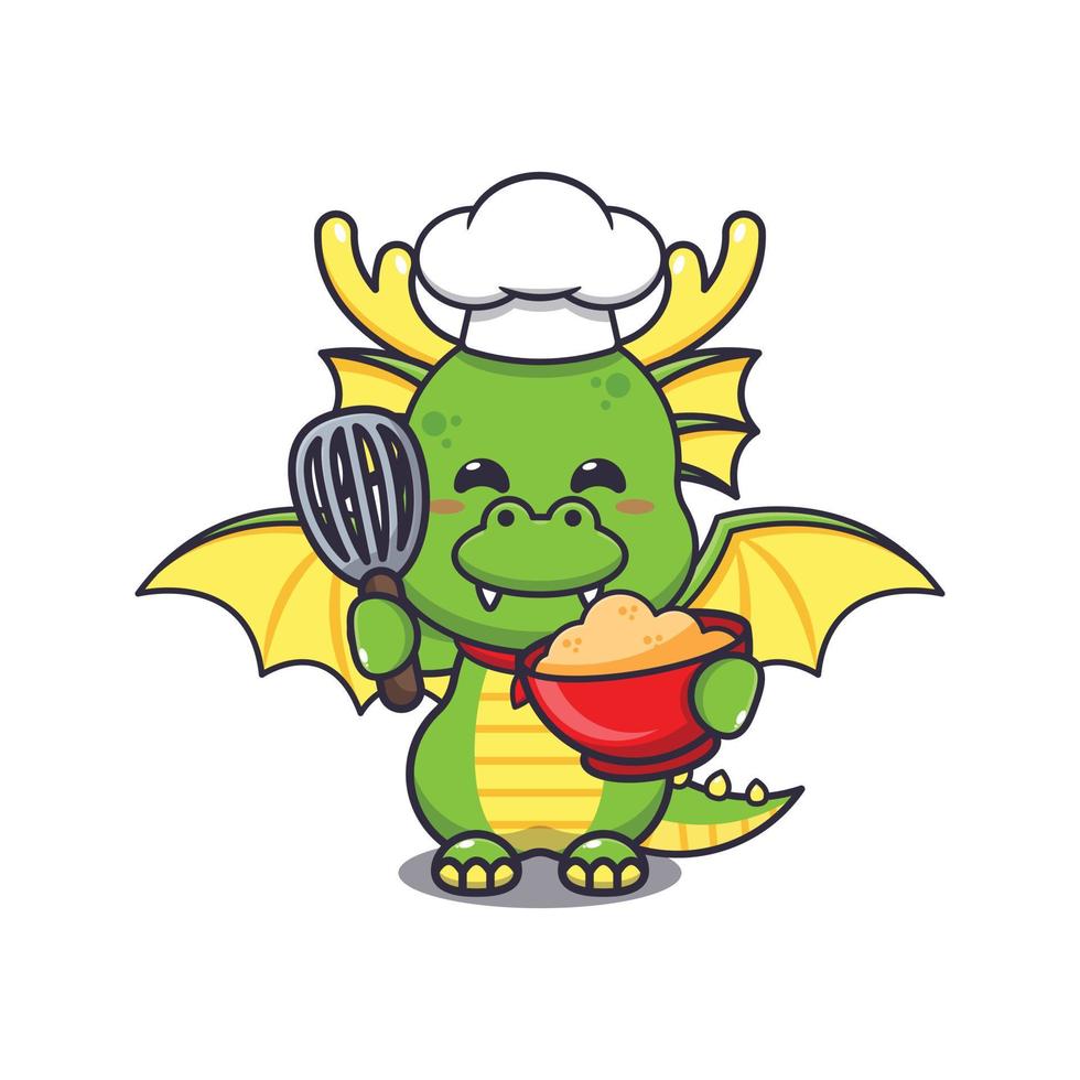 fofa chefe de cozinha Dragão mascote desenho animado personagem com bolo massa. vetor