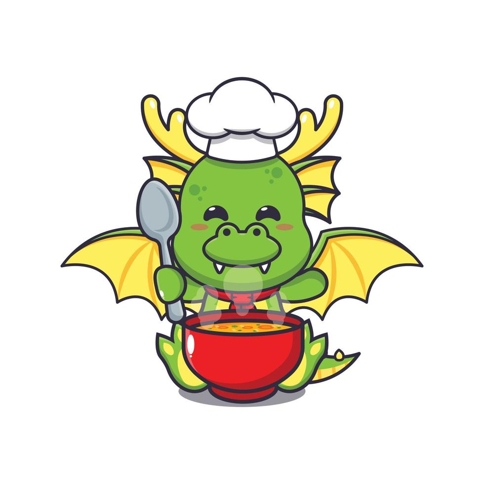 fofa chefe de cozinha Dragão mascote desenho animado personagem com sopa. vetor