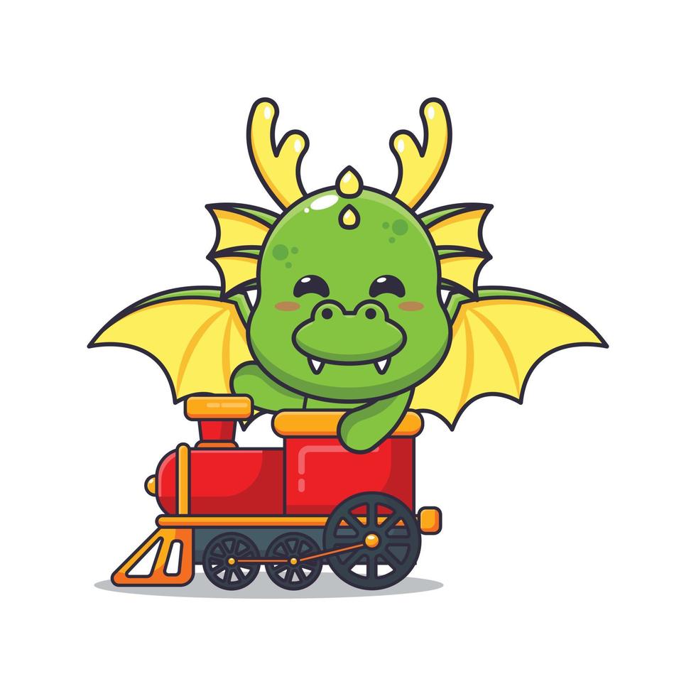 fofa Dragão mascote desenho animado personagem passeio em trem. vetor