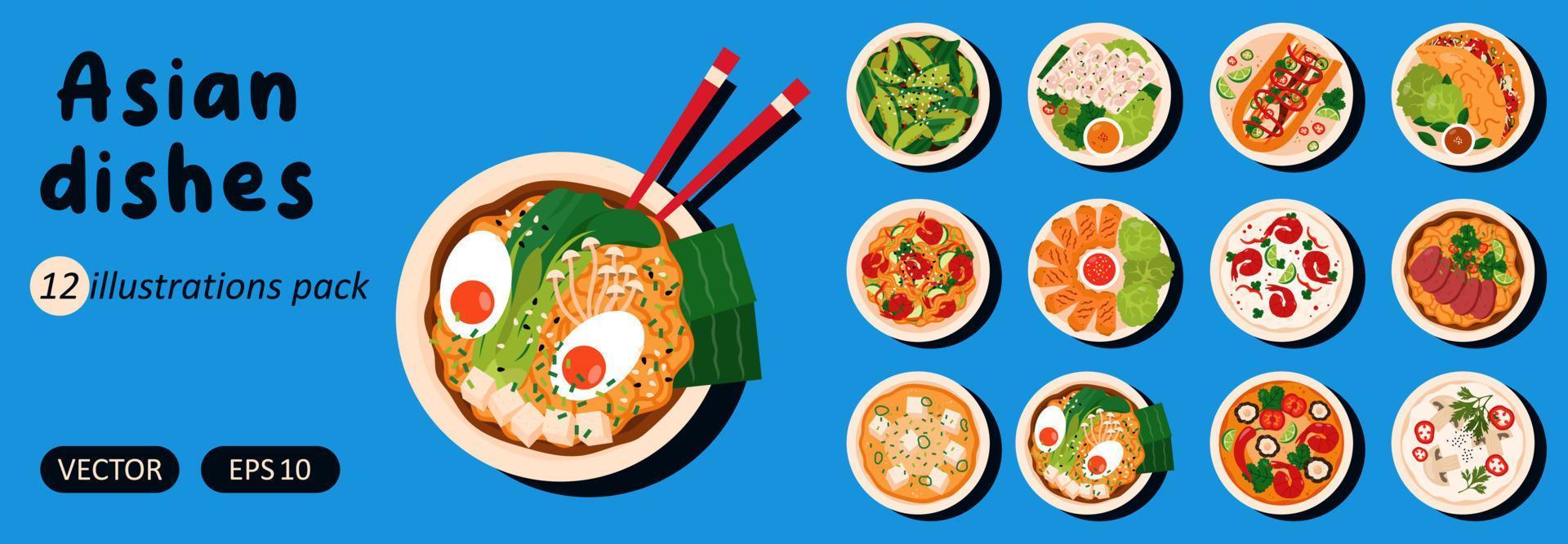 conjunto do 12 ásia pratos. vietnamita, japonês, tailandês e chinês cozinha. vários Comida pratos. vetor plano ilustrações pacote.