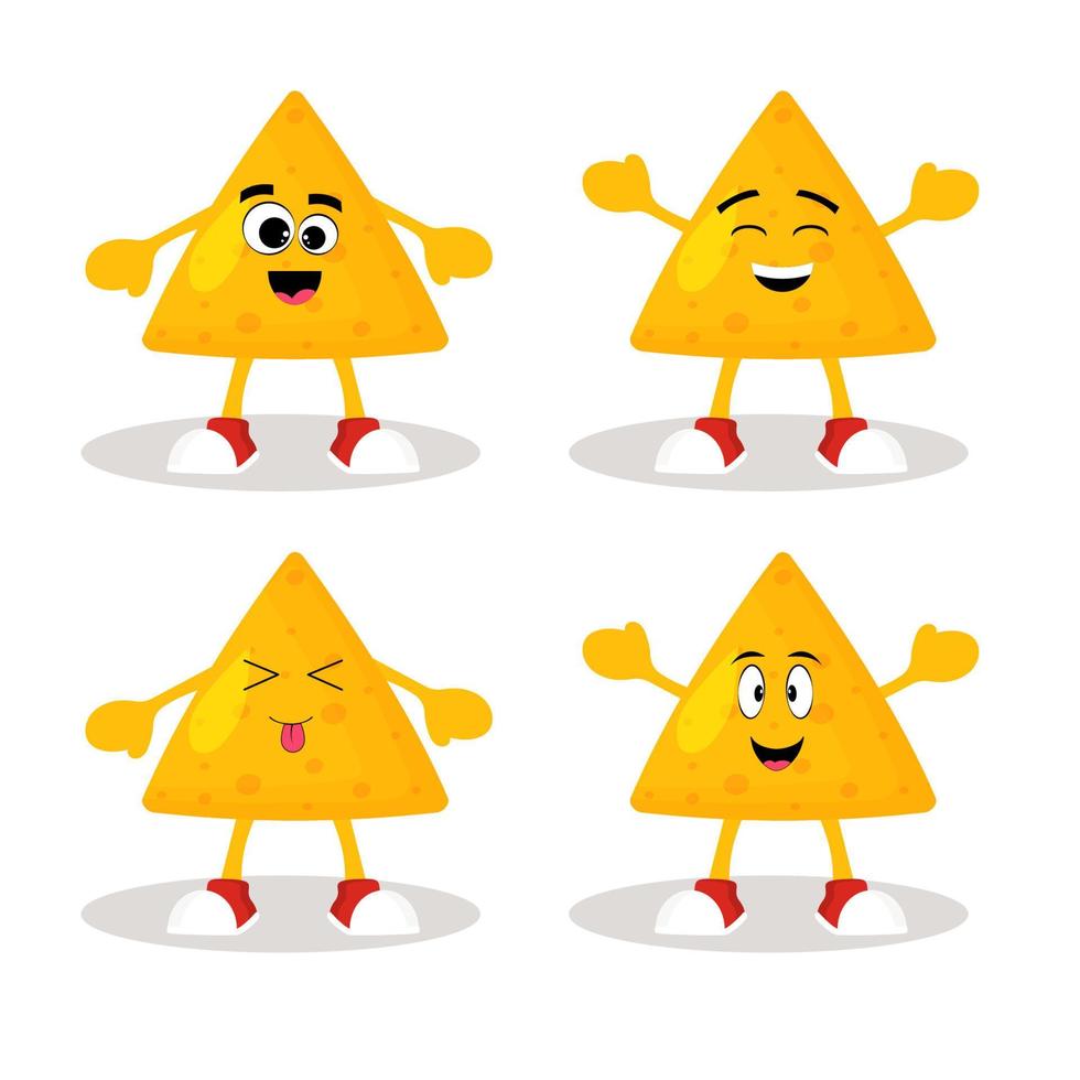fofa nachos salgadinhos com diferente emoção. desenho animado estilo vetor ilustração.