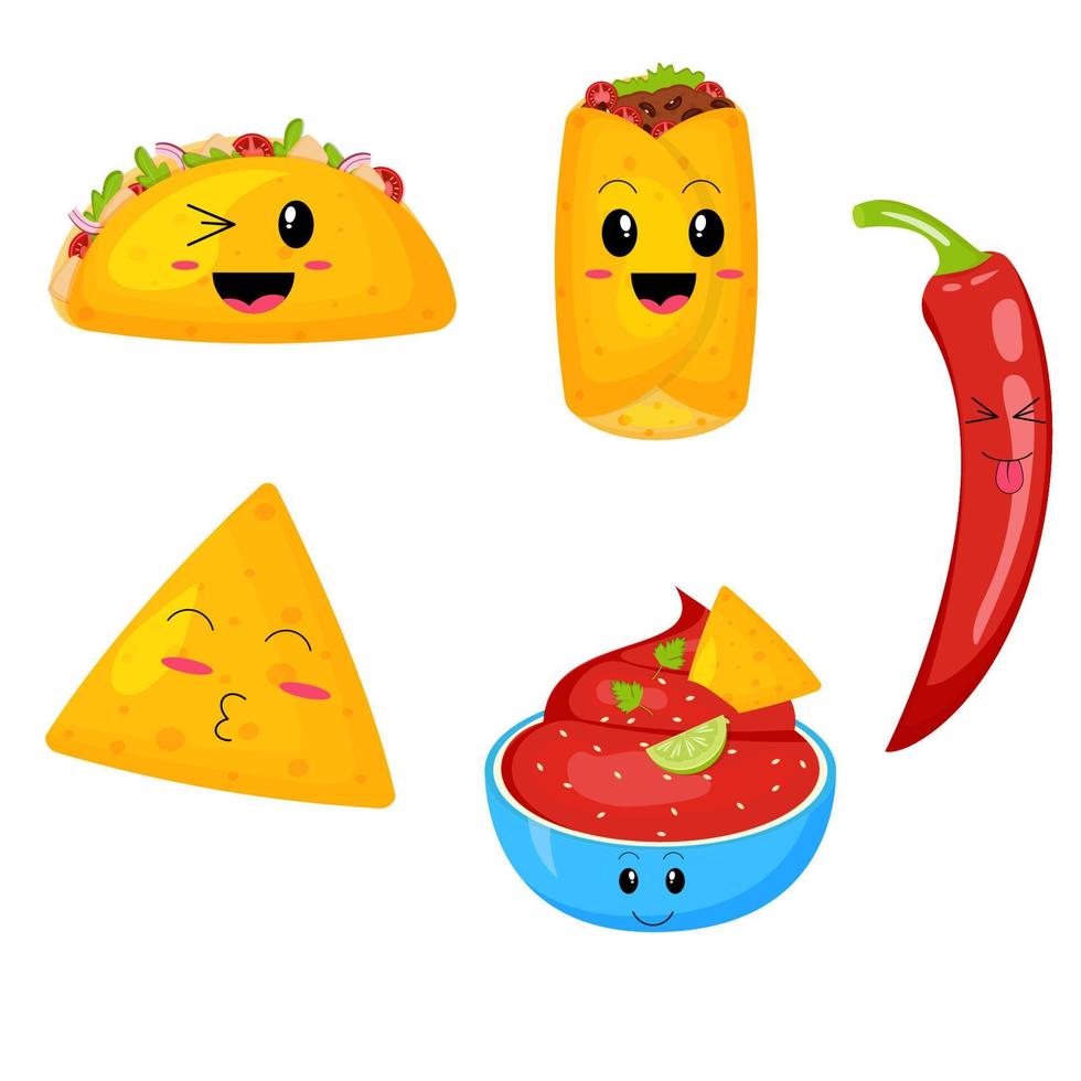 mexicano cozinha Comida conjunto com kawaii emoção. latim americano Comida. vetor ilustração.