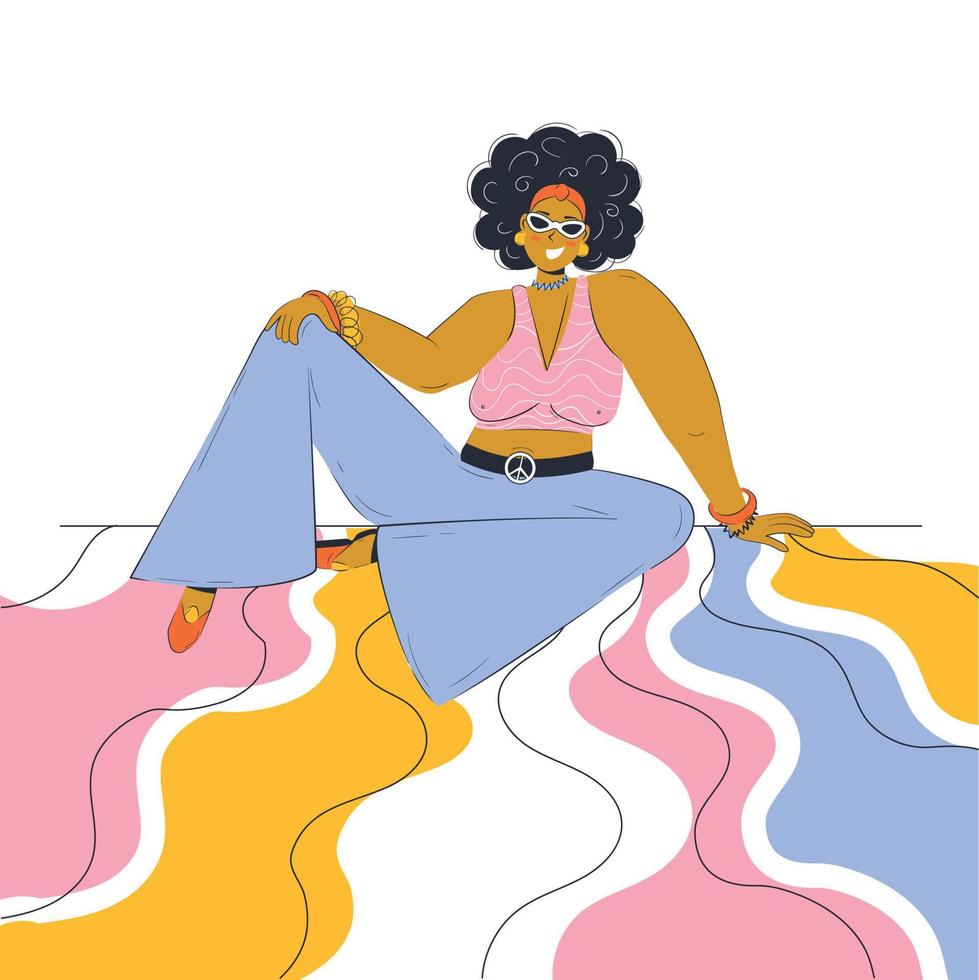 africano americano hippie mulher senta relaxado em a surreal chão. abstrato moderno gráficos vetor