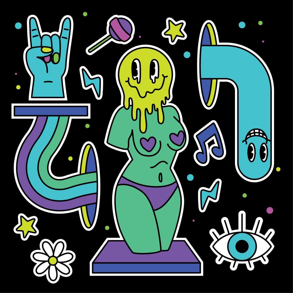 colori grupo do groovy emotes e ícones menina corpo vetor ilustração