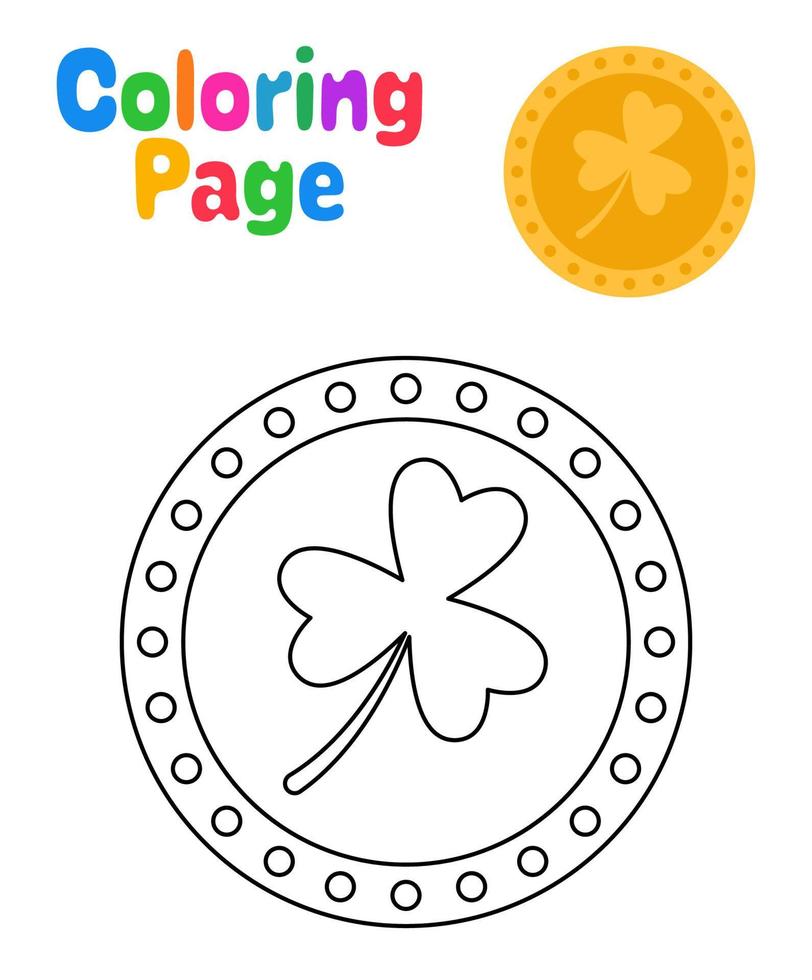 coloração página com trevo moeda para crianças vetor