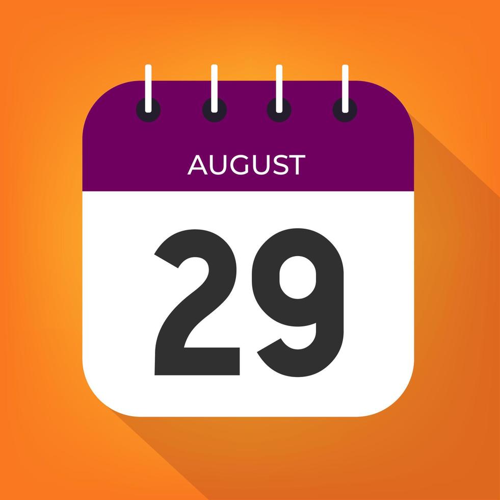 agosto dia 29. número vinte e nove em uma branco papel com roxa cor fronteira em uma laranja fundo vetor