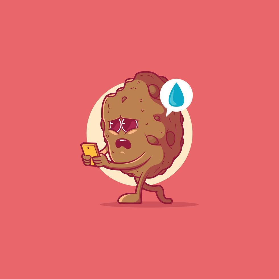 triste bolacha personagem caminhando com Smartphone vetor ilustração. comida, tecnologia Projeto conceito.