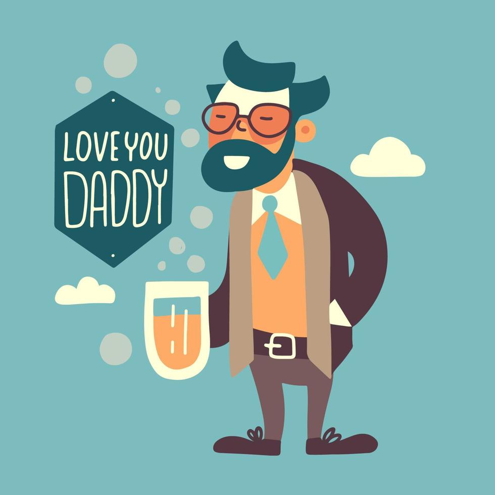 feliz pai s dia cumprimento cartão modelo com letras tetx - amor você, papai. irônico retro pai vestindo ternos com gravata. homem com bigode, barba e Cerveja dentro plano vetor ilustração.