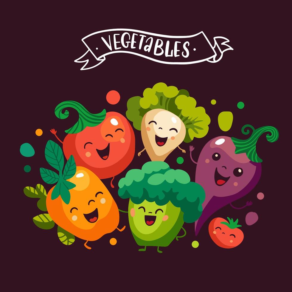 bandeira modelo com desenho animado legumes personagens. vegano amigos para sempre. quadrinho mascotes grupo. você pode usar dentro a cardápio, dentro a comprar, dentro a bar, a cartão ou adesivos. vetor plano ilustração.