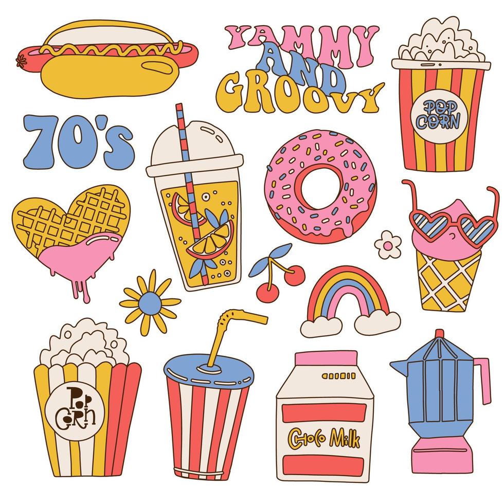 conjunto de adesivos de junk food e bebidas retrô hippie groovy. rótulo de logotipo de ícone vintage fofo no estilo dos anos 70, 80 e 90. plana com ilustração vetorial de contorno linear, elementos de design vintage gostoso. vetor