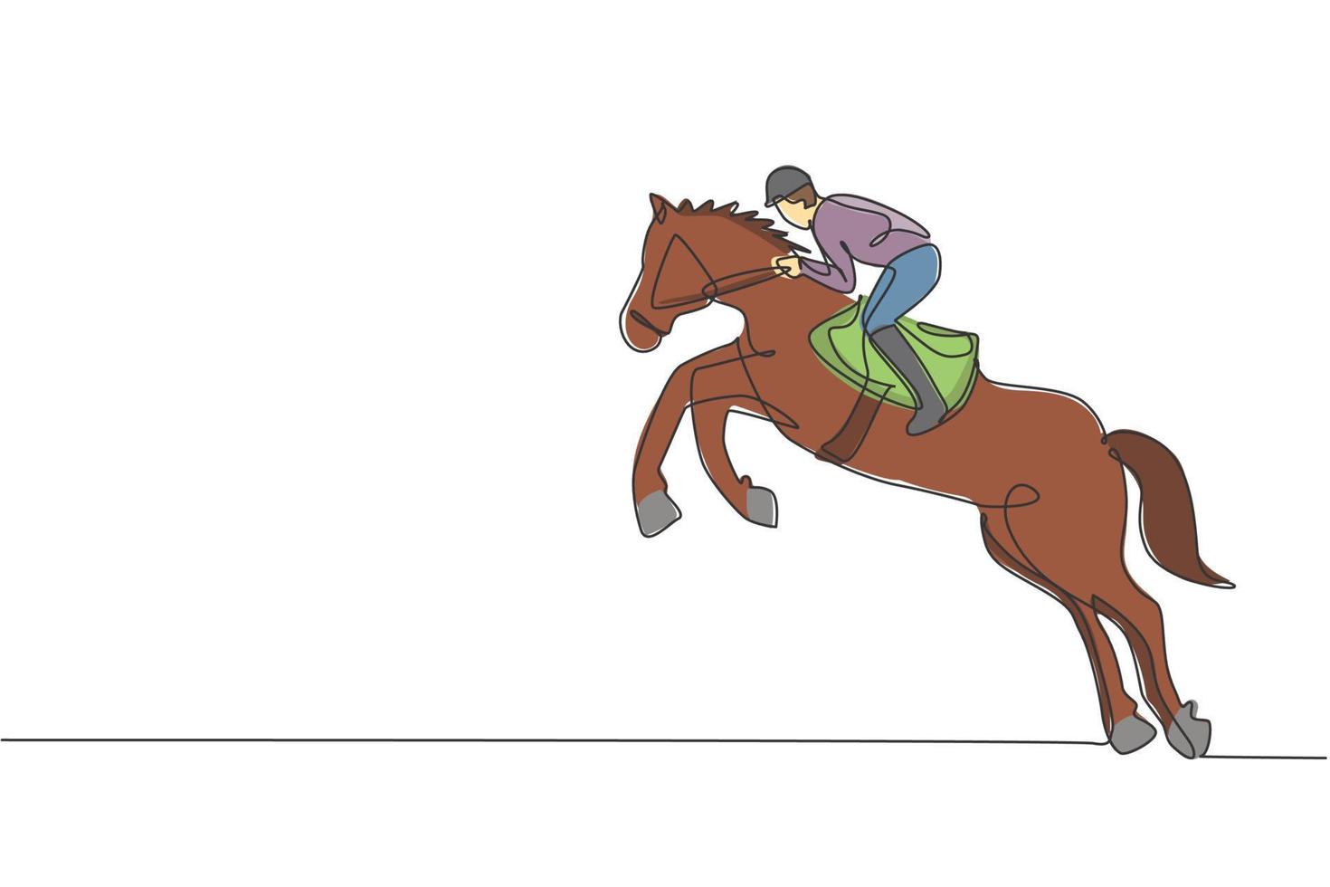 um desenho de linha contínua do jovem cavaleiro em ação. treinar equino para pular na pista de corrida. conceito de competição de esporte equestre. ilustração em vetor gráfico de desenho de linha única dinâmica