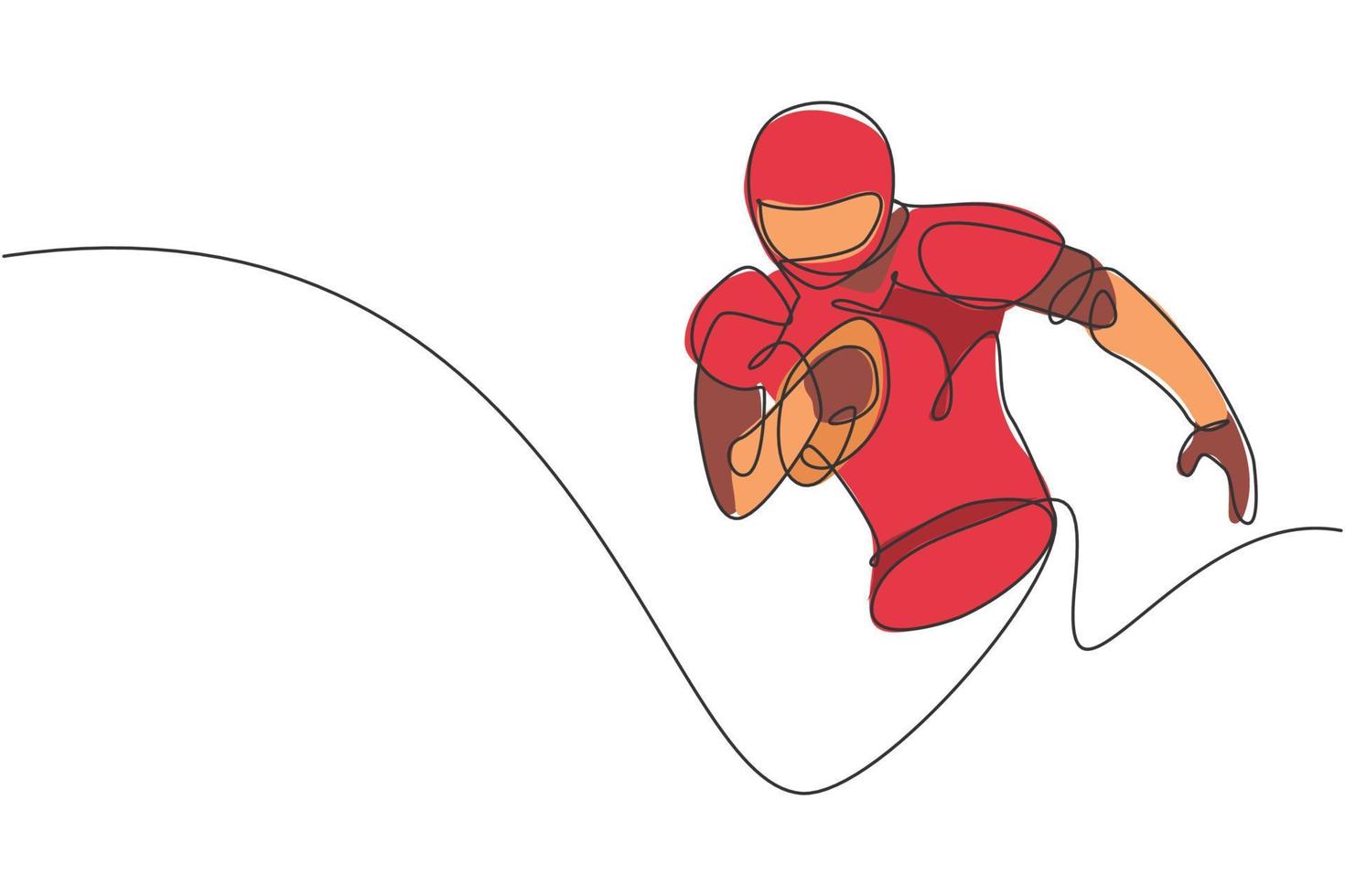 um único desenho de linha do jovem enérgico jogador de futebol americano correndo segure a bola para alcançar a linha de pontuação. conceito de competição esportiva. ilustração em vetor design de desenho de linha contínua moderna