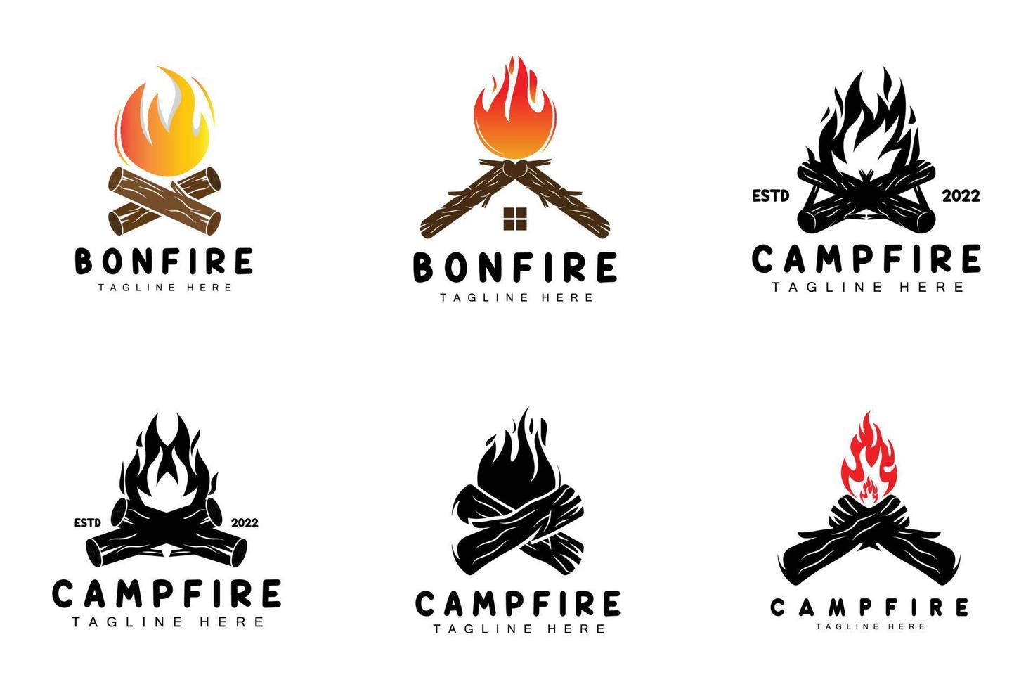 design de logotipo de fogueira, vetor de acampamento, fogo de madeira e design de floresta