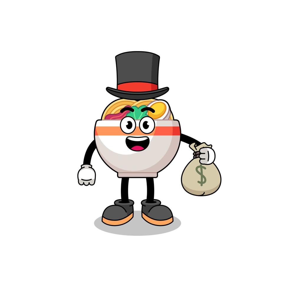 macarrão tigela mascote ilustração rico homem segurando uma dinheiro saco vetor