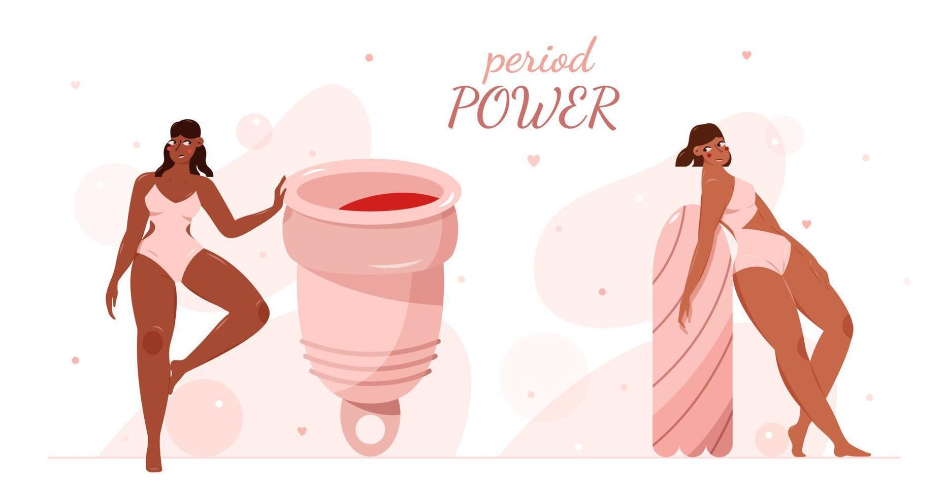 menstrual copo e tampão. período poder. lindo mulheres e higiene acessórios. vetor