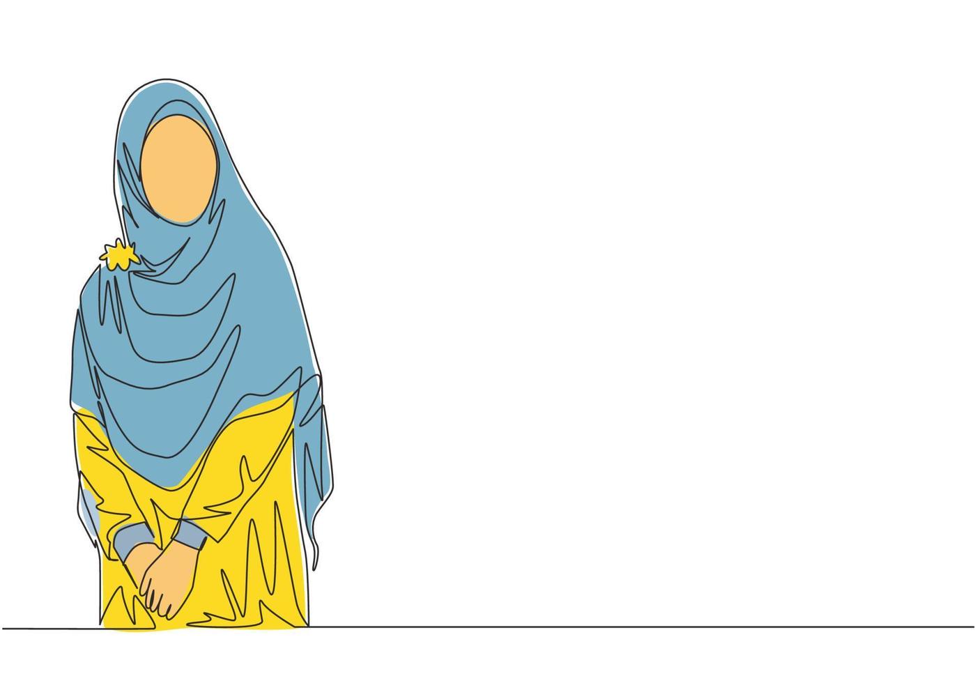 solteiro contínuo linha desenhando do jovem feliz lindo muslimah vestindo tradicional árabe roupas. beleza ásia mulher modelo dentro na moda hijab moda conceito 1 linha desenhar Projeto vetor ilustração