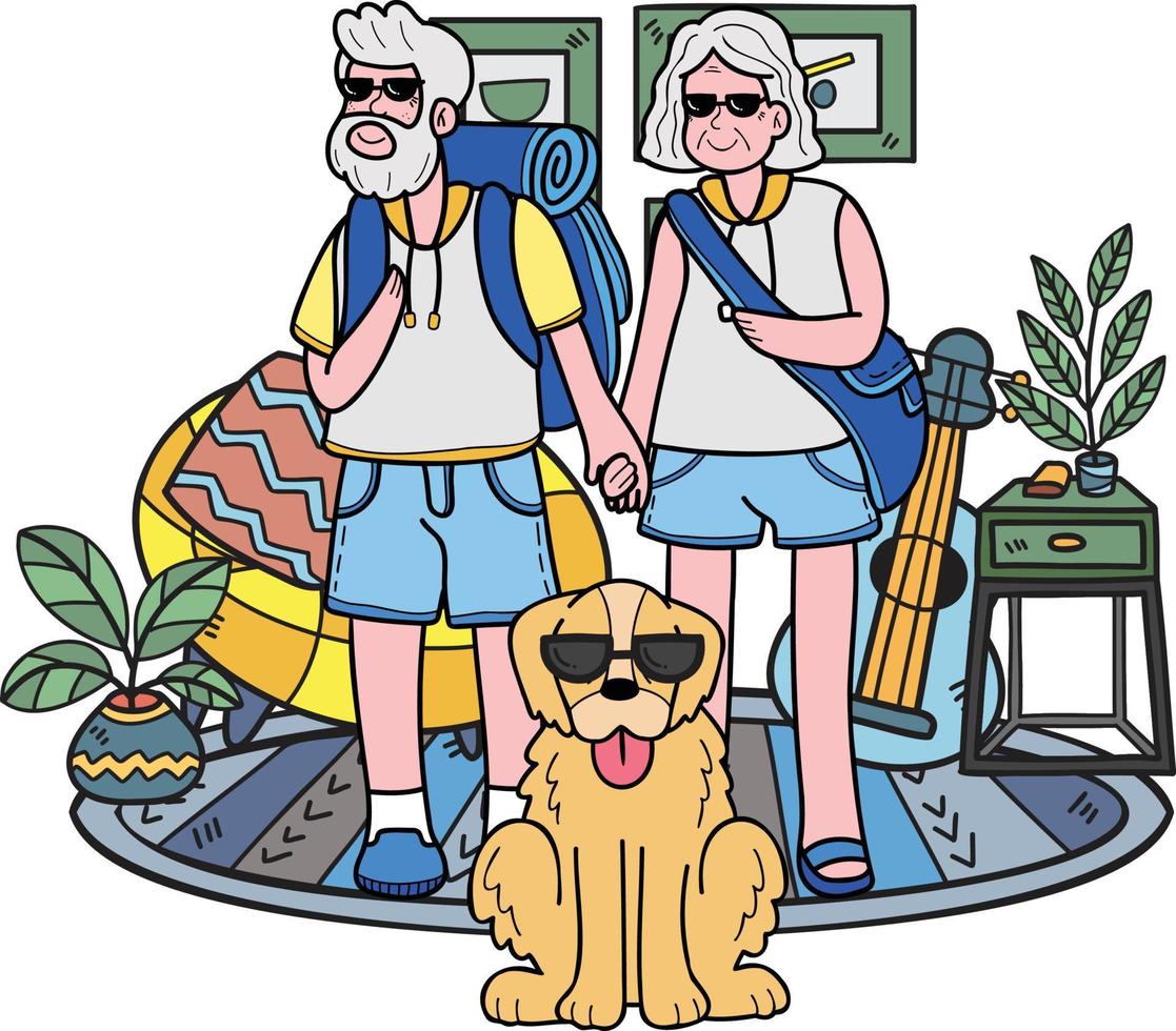 mão desenhado idosos viajando com cachorros ilustração dentro rabisco estilo vetor