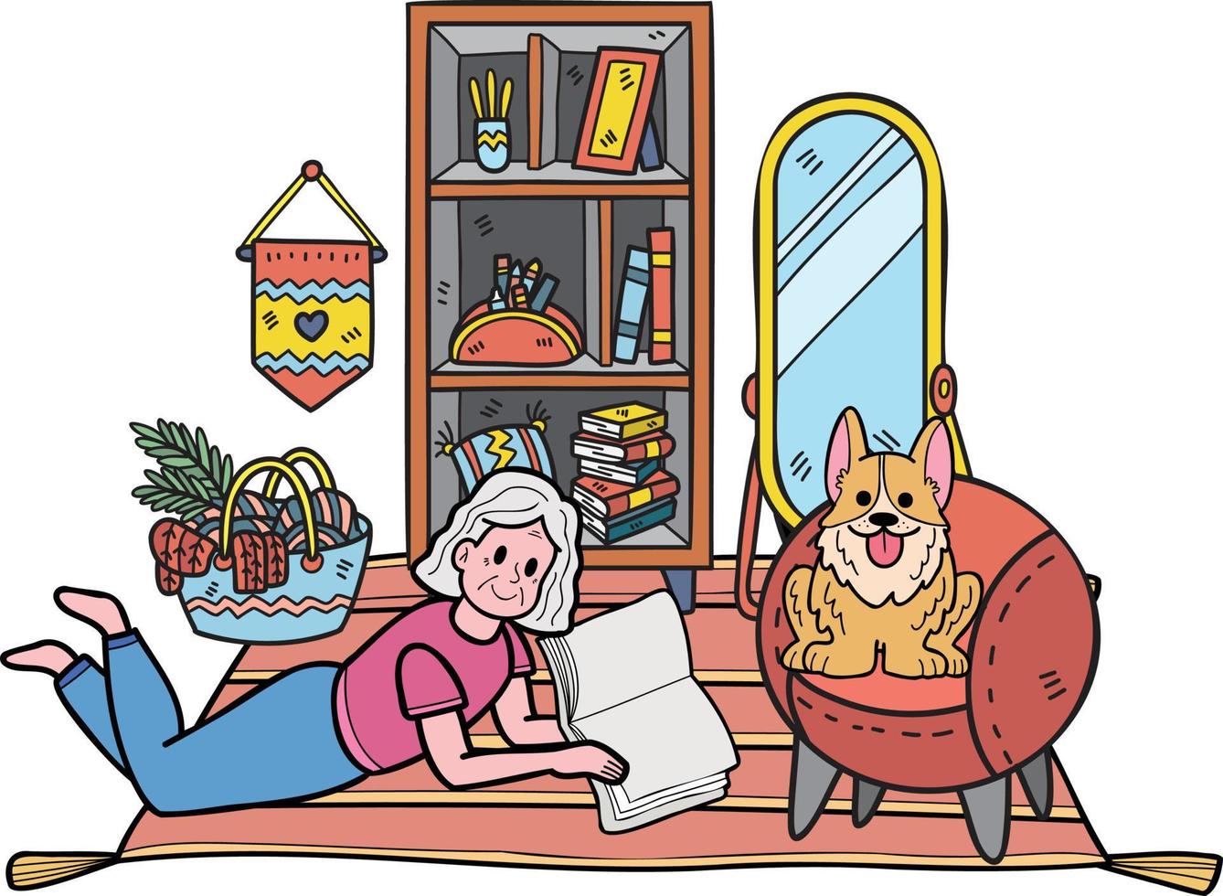 mão desenhado idosos lendo uma livro com uma cachorro ilustração dentro rabisco estilo vetor