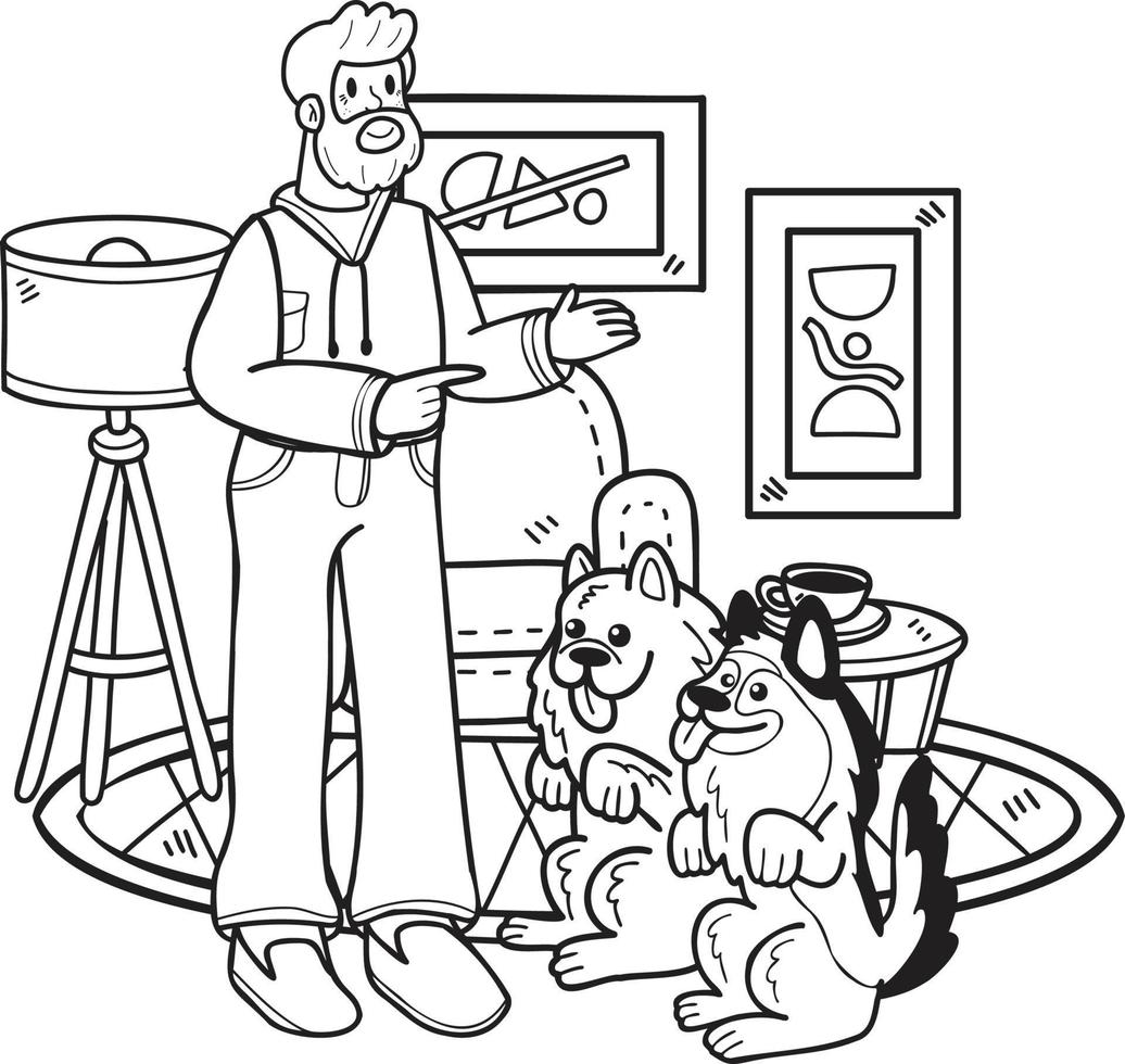 mão desenhado idosos homem Treinamento uma cachorro ilustração dentro rabisco estilo vetor