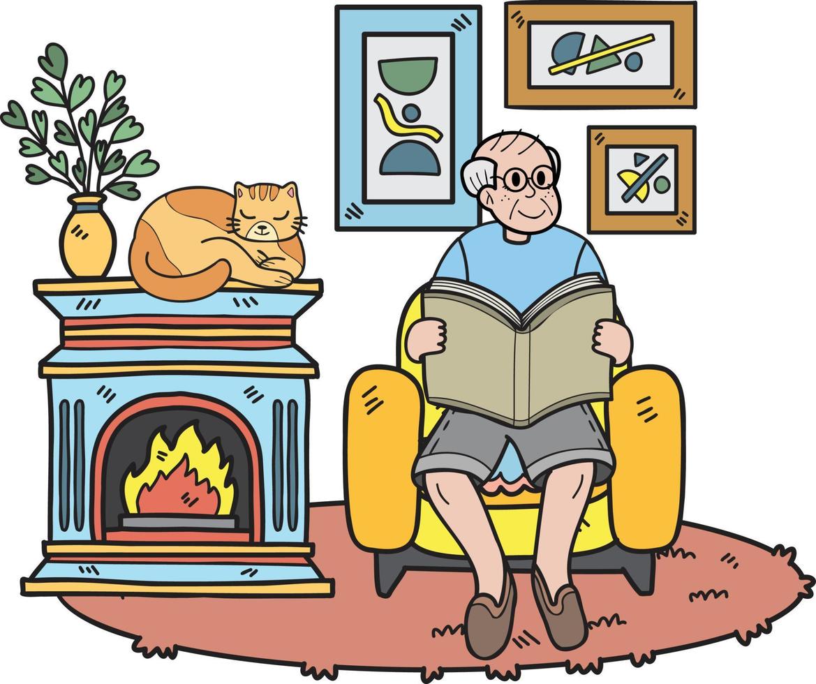 mão desenhado idosos lendo uma livro com uma gato ilustração dentro rabisco estilo vetor